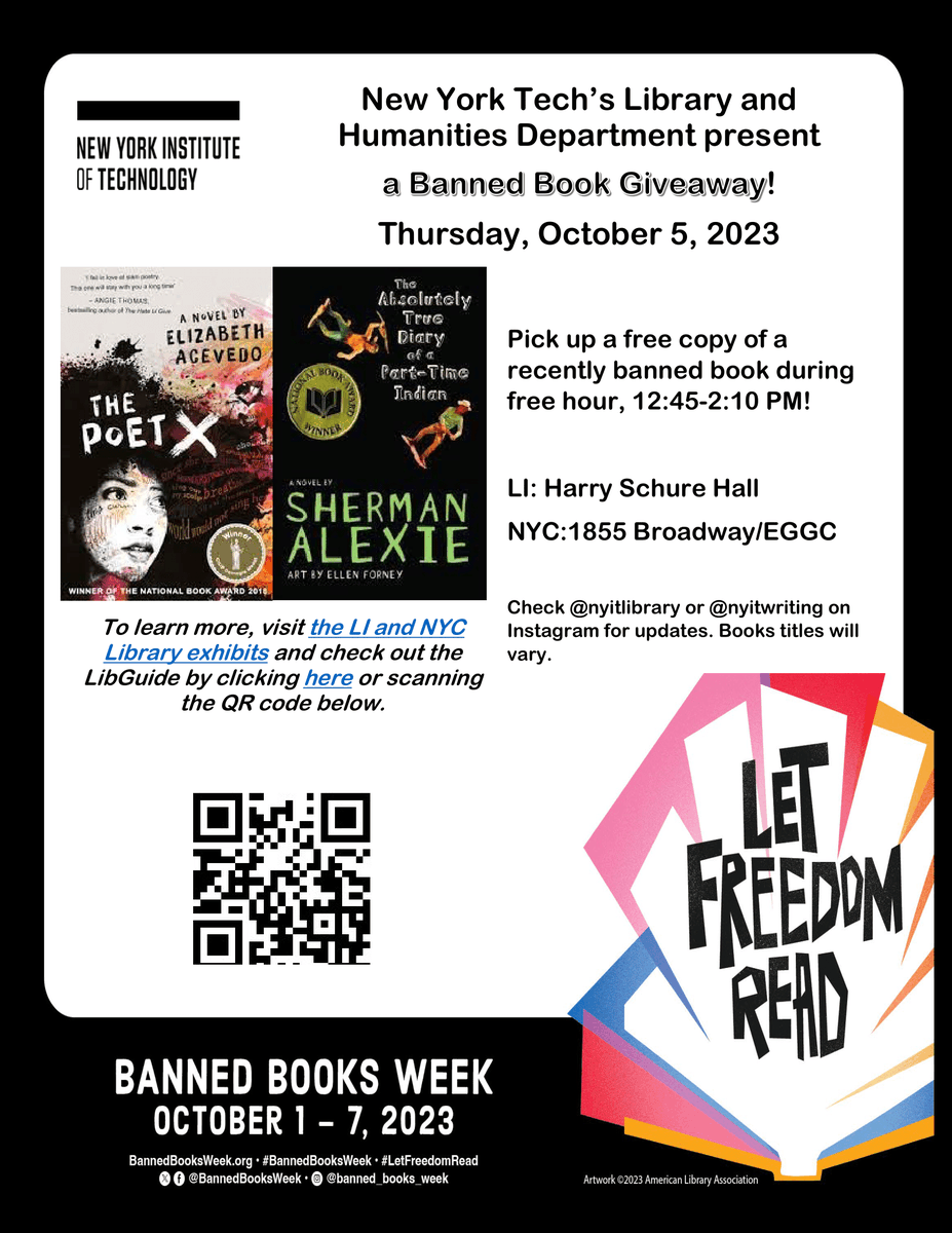 NewYorkTechCAS's tweet photo. Unlock the Forbidden Stories!
Grab a FREE Banned Book on October 5, 2023, during free hour! 📚✨
Stay tuned to @nyitlibrary and @nyitwriting for updates.

#BannedBooksWeek  #LetFreedomRead https://t.co/sATr7IAQ91