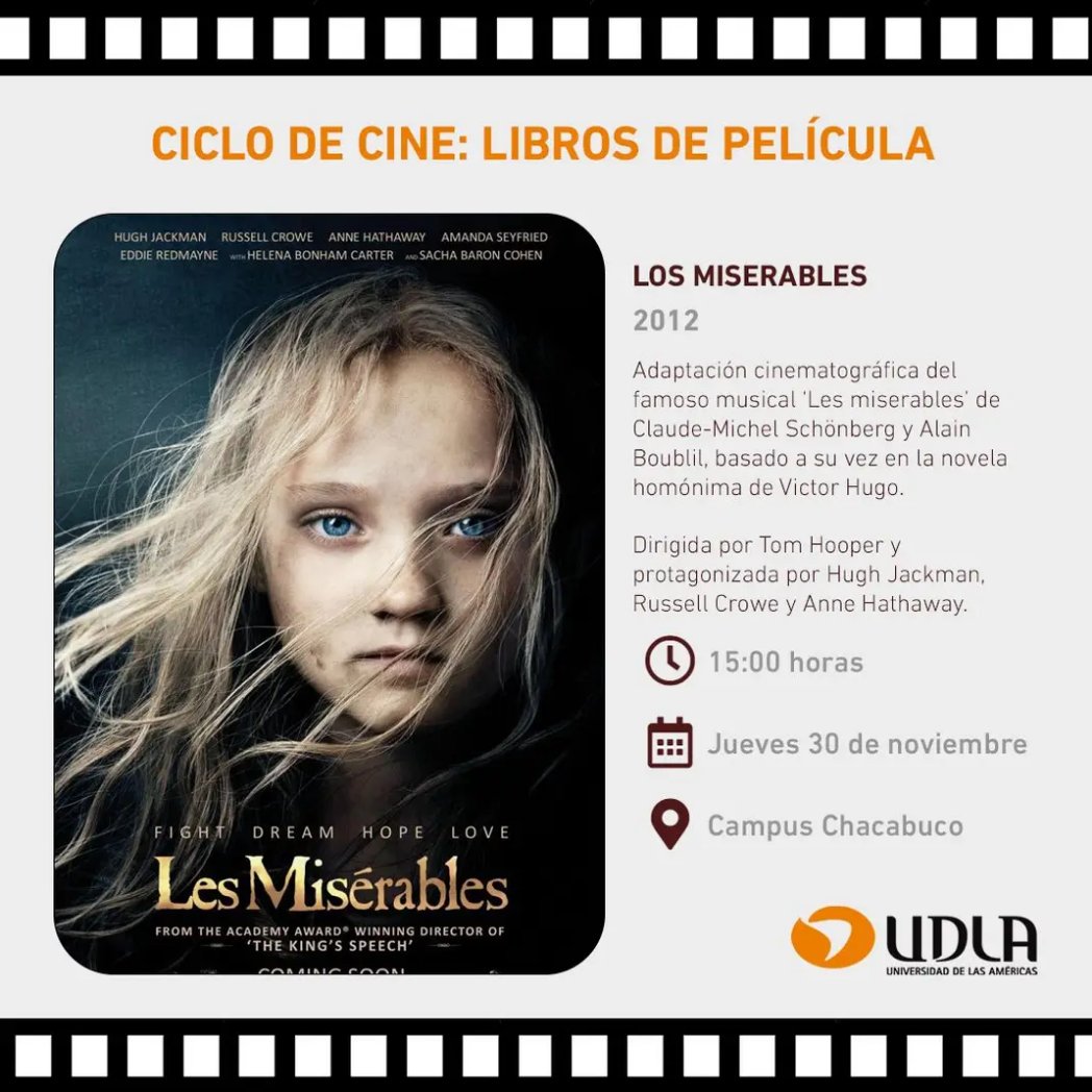 UDLA_CL's tweet photo. #CulturaEnUDLA Asiste al “Ciclo de Cine: Libros de Películas”, que comienza este jueves en Sede Concepción, donde se exhibirán gratuitamente obras cinematográficas basadas en libros.
🔸15 horas
🔸Auditorio de Campus Chacabuco
👉Inscríbete: https://t.co/IvIBgMKFKm https://t.co/M6WyEa1gOo