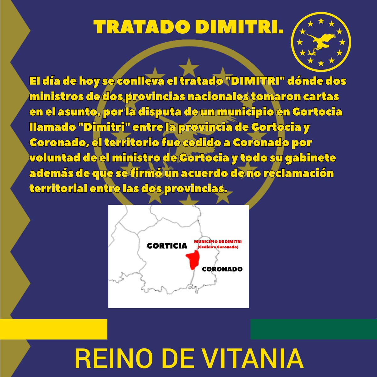 Reino de Vitania. 

El día de hoy se concretó el tratado DIMITRI.

Que las disputas territoriales entre nuestras provincias no nos separen. 👏

#Vitania