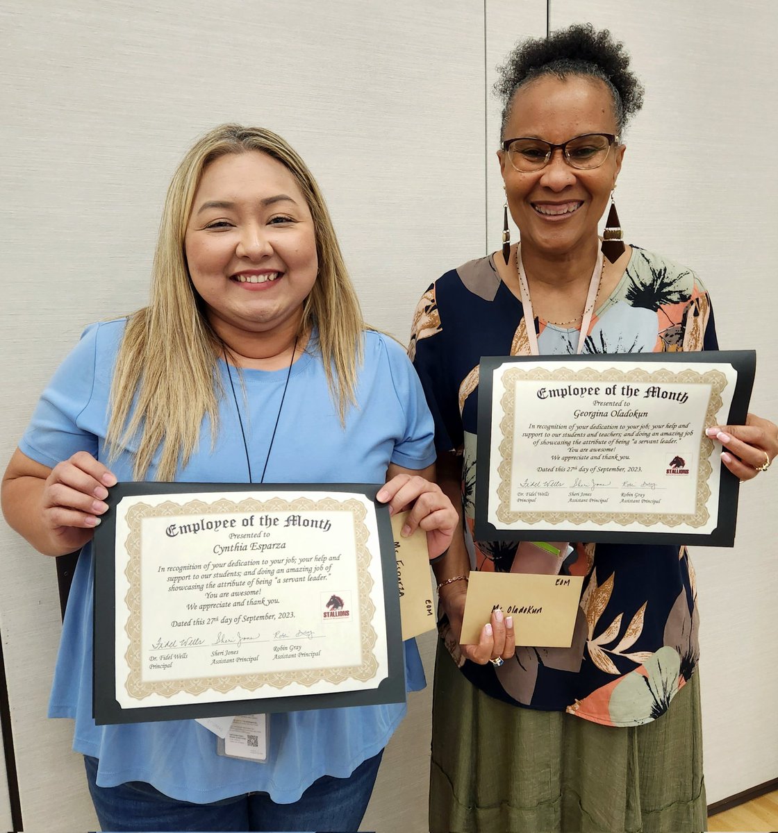#Congratulations to our <a href="/JSES_Stallions/">Juan Seguin Elementary</a> September Employees of the Month, First Grade Teacher - Cynthia Esparza and Kindergarten Aide - Georgina Oladokun! 🎊  #ThankYou ladies for being amazing #ServantLeaders on our campus! ♥️ We love you!