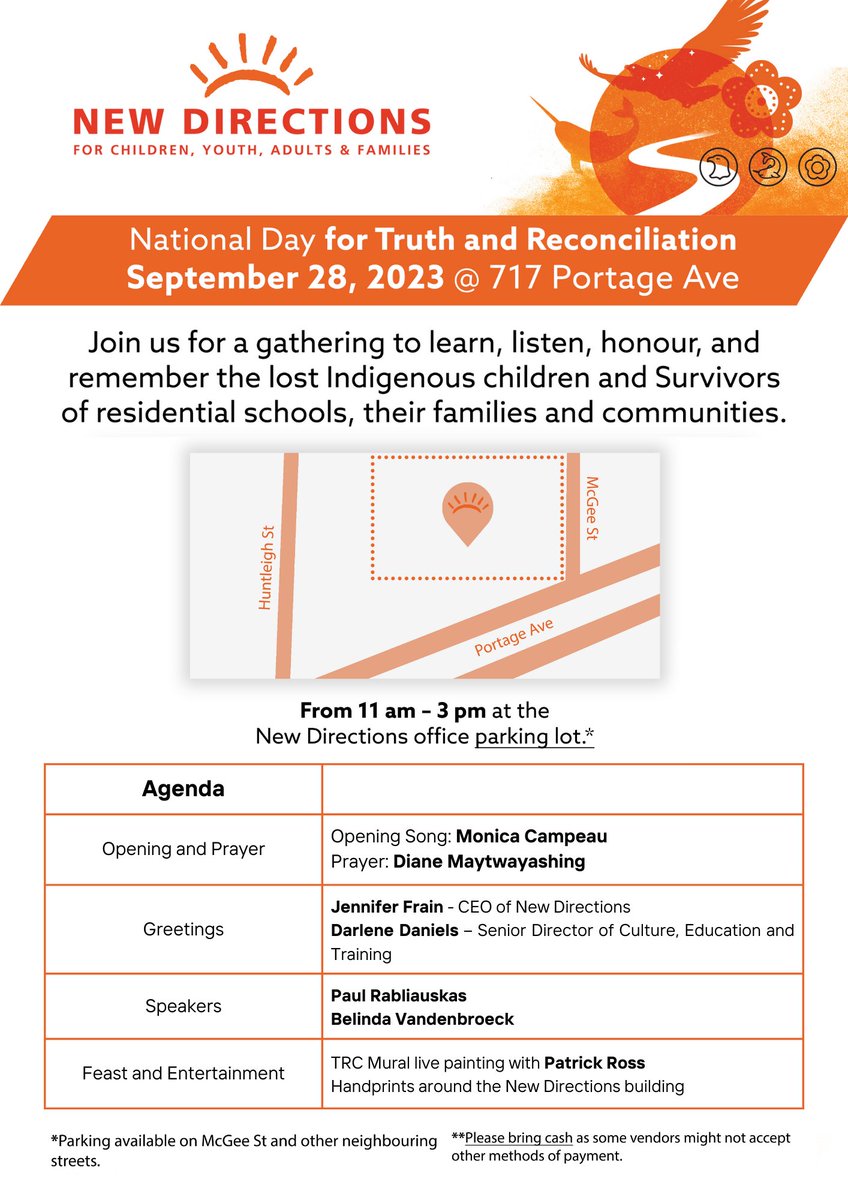 NewDirectionsMB's tweet photo. Our National Day for Truth &amp; Reconciliation / Orange T-Shirt Day event is tomorrow.

Join us from 11 am to 3 pm @ 717 Portage Ave
ASL interpretation will be available, &amp; a live online broadcast. Register for our online video broadcast, contact: communications@newdirections.mb.ca https://t.co/z54nFQnyjF