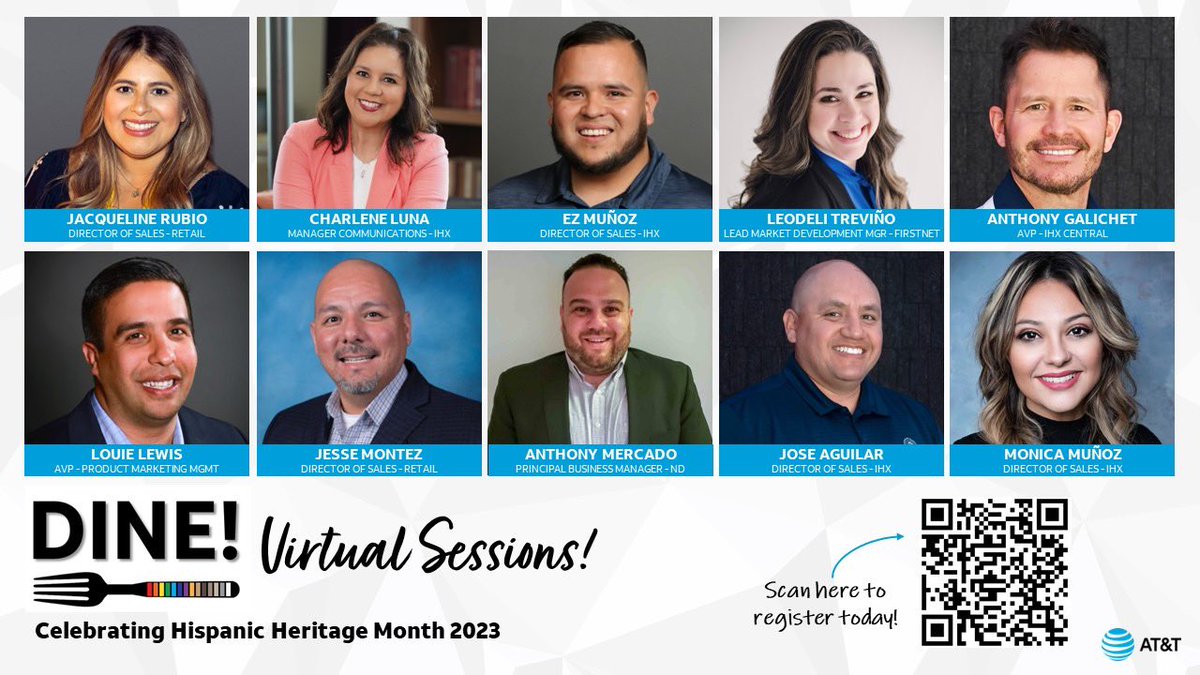 Come join me on October 5th from 4-5PM CST as we celebrate Hispanic Heritage Month with a DINE!!! I look forward to chatting! Register today with the QR code below! @CharleneLuna13 @rachmulhauser 

#HHM2023 #LifeAtATT