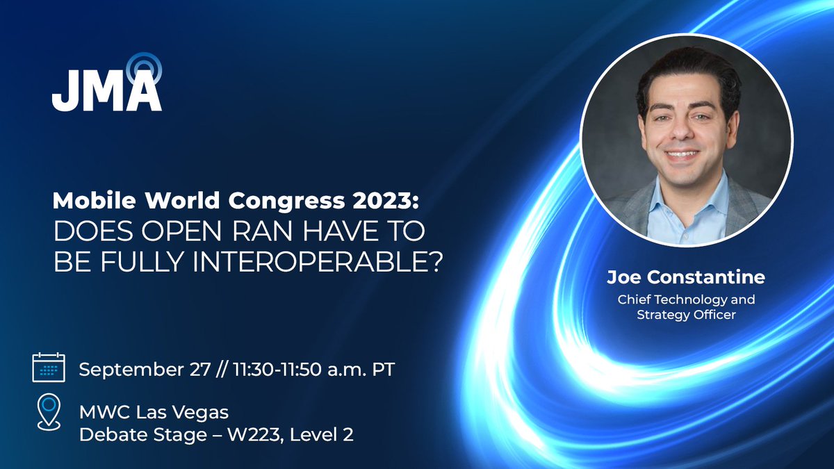 JMAwireless's tweet photo. Happening Today! @GSMA's @MWCHub #LasVegas: 💡 Dive into technical & strategic considerations for Open RAN interoperability, the challenges/benefits of a fully standardized interface, & the approaches to achieving interoperability goals w/ @JMAwireless' CTO! #jmamwc23 #mwc23 https://t.co/WctZMPL7TK