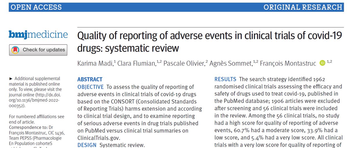 Very happy to publish in @BMJMedicine 

Congratulations to Karima Madi (first author) for this great work (M2) 👏
🙏the team's support Dr Flumian, Dr Olivier @AgnesSommet 🙏

👇
Quality of reporting of adverse events in clinical trials of covid-19 drugs
bmjmedicine.bmj.com/content/2/1/e0…