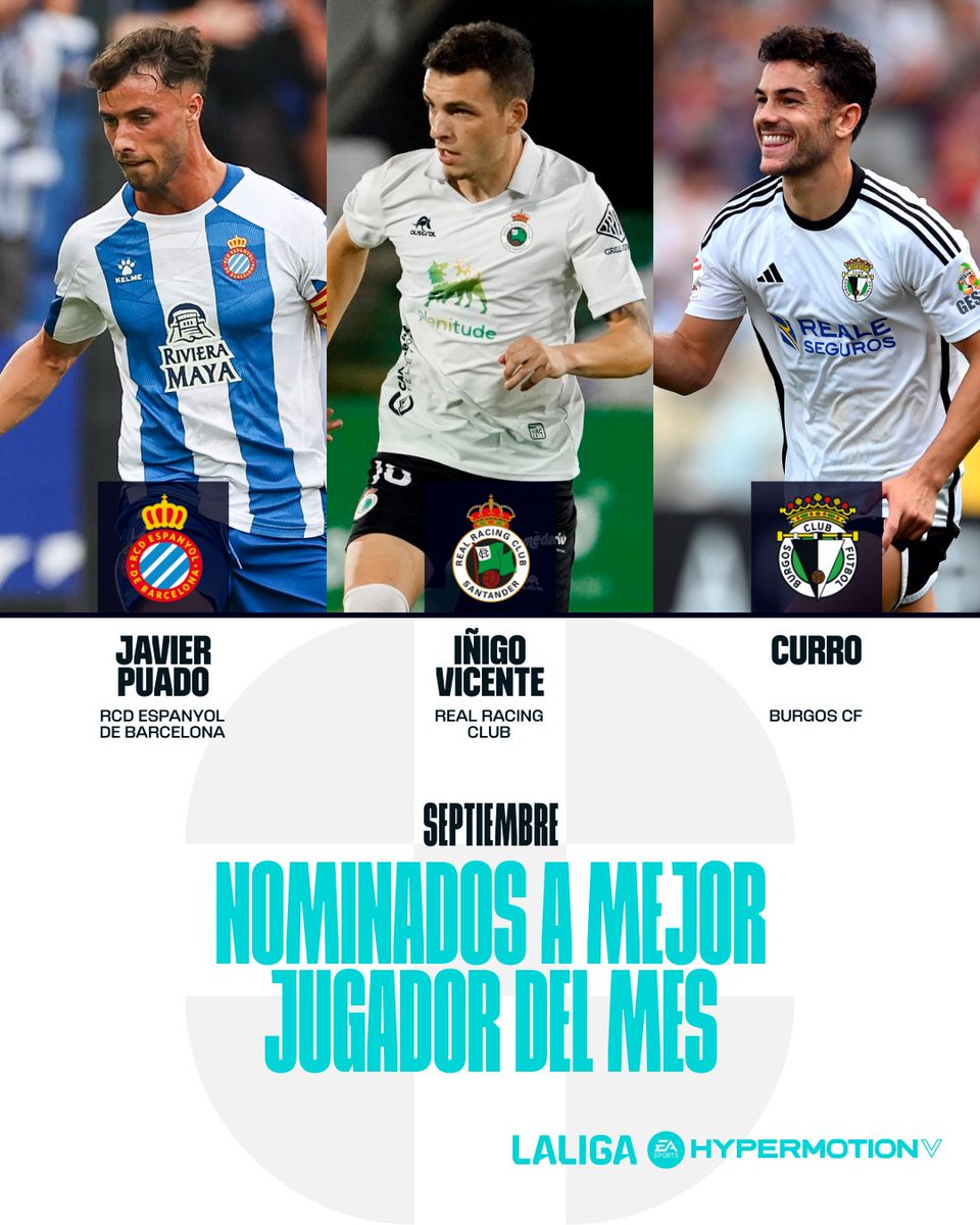 🌟 @javipuado20 (@RCDEspanyol) 🎩 @ivicente9 (@realracingclub) 💥 @CurroSanchez16 (@Burgos_CF) ¡Estos son los nominados al mejor Jugador del Mes de septiembre en #LALIGAHYPERMOTION! 🔝 😉🏆 ¿Quién será el ganador? #PREMIOSLALIGA