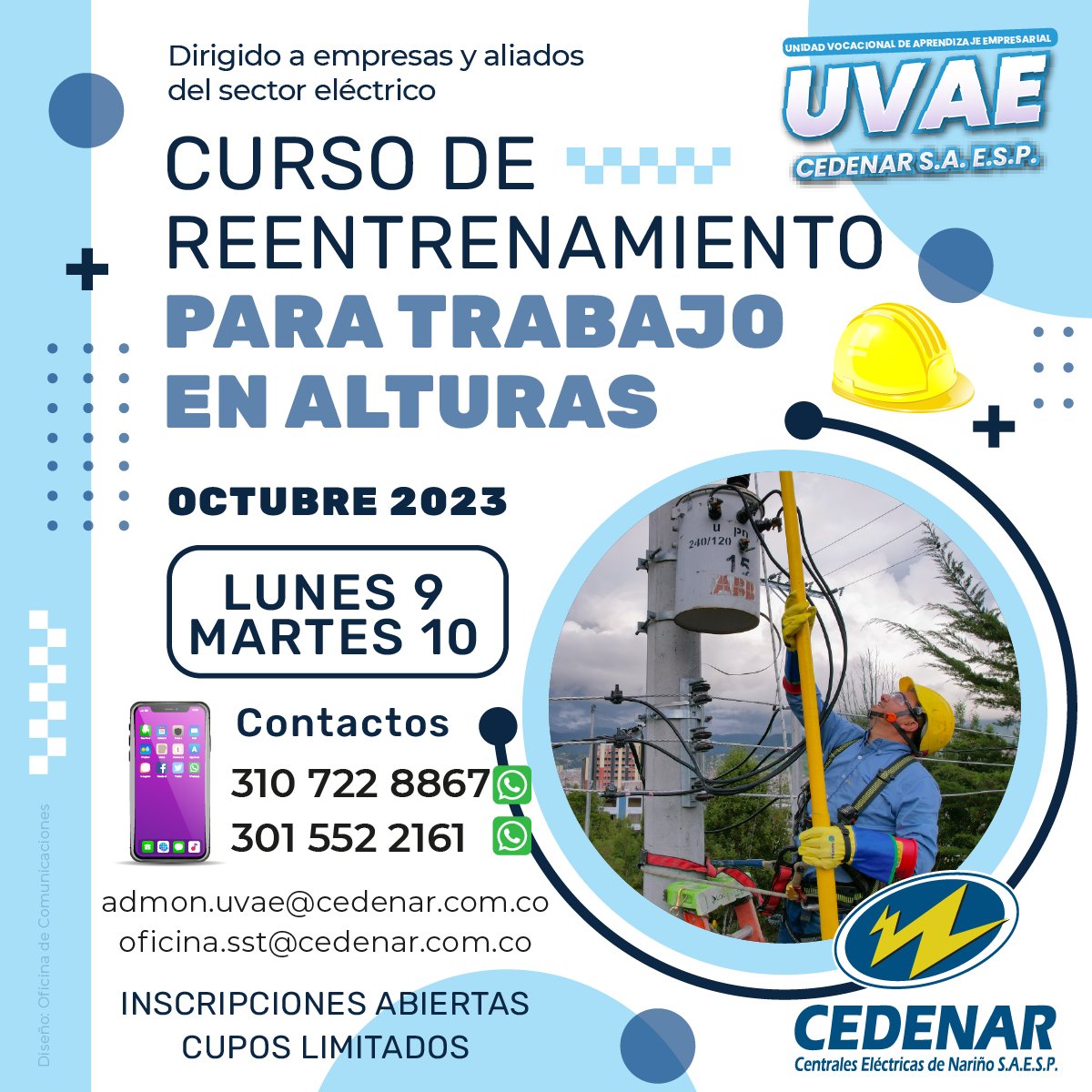 Cedenaroficial's tweet photo. 👷🏼‍♀️👷🏼‍♂️CURSO DE REENTRENAMIENTO PARA TRABAJO EN ALTURAS 🗓️ los días 9 y 10 de octubre de 2023 en la Unidad Vocacional de Aprendizaje Empresarial UVAE de CEDENAR S.A. E.S.P.⚡#Cedenar #Nariño #UVAE #Pasto 👇🏻Si estás interesa@ en nuestra oferta de formación no dudes en contactarnos: https://t.co/i9LGZQTbo0