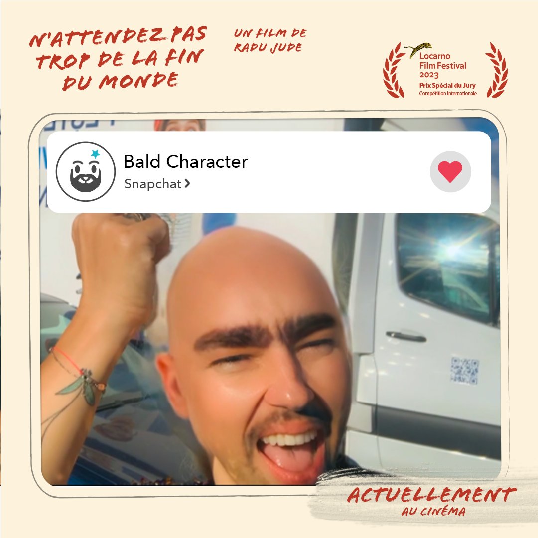 MeteoreFilms's tweet image. 📲 #NAttendezPasTropDeLaFinDuMonde, actuellement au cinéma 👉 bit.ly/NPTDLFDMSéances

Envie de faire comme #IlincaManolache chez #RaduJude ?

Testez le filtre @Snapchat Bald Character, trouvez votre double maléfique et foncez voir cette bombe cinématographique !

@lemondefr