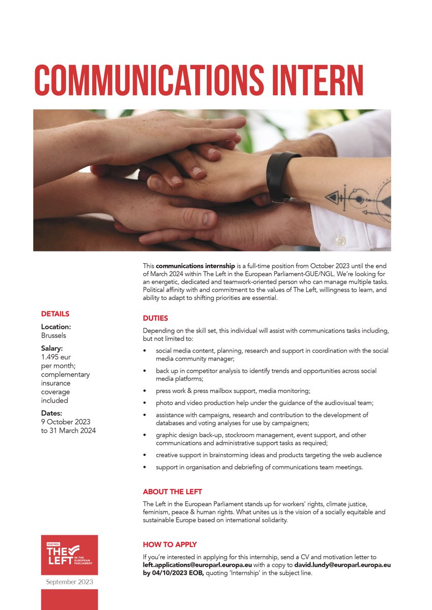 Left_EU's tweet photo. 📣 The Left is looking for an intern 📣
 
Are you passionate about communications and ready to stand up for working people?

We are looking for you!
 
📅 Application Deadline: 04/10/2023 EOB
 
Details here: ⬇ https://t.co/IzkA5cIoo6