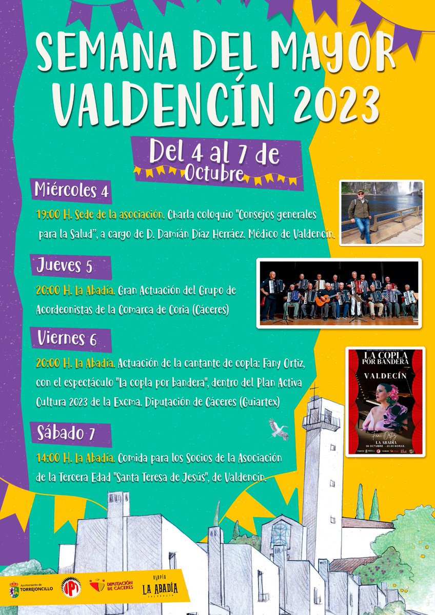 👴🏻 SEMANA DEL MAYOR DE VALDENCÍN 2023

🗓️ Del 4 al 7 de octubre de 2023, tendremos un amplio programa lúdico-cultural dedicado en exclusiva a la tercera edad en #Valdencín

🎉 ¡A DISFRUTAR!

📲 #SemanadelMayorValdencín #ValdencínEsCultura