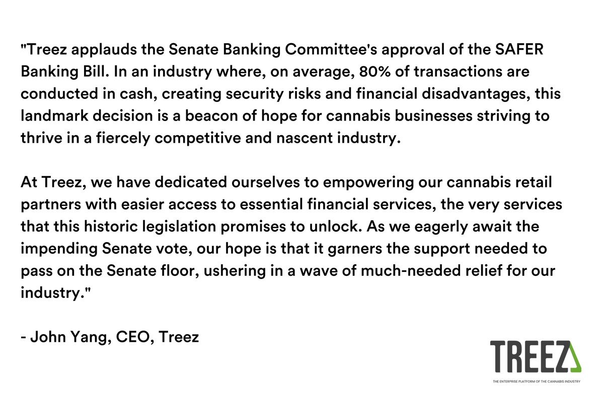 TreezForMe's tweet photo. We applaud the #SAFERBANKINGACT news and eagerly await the impending Senate vote. 

#cannabisindustry #cannabis #news https://t.co/O6LMbFlxlr