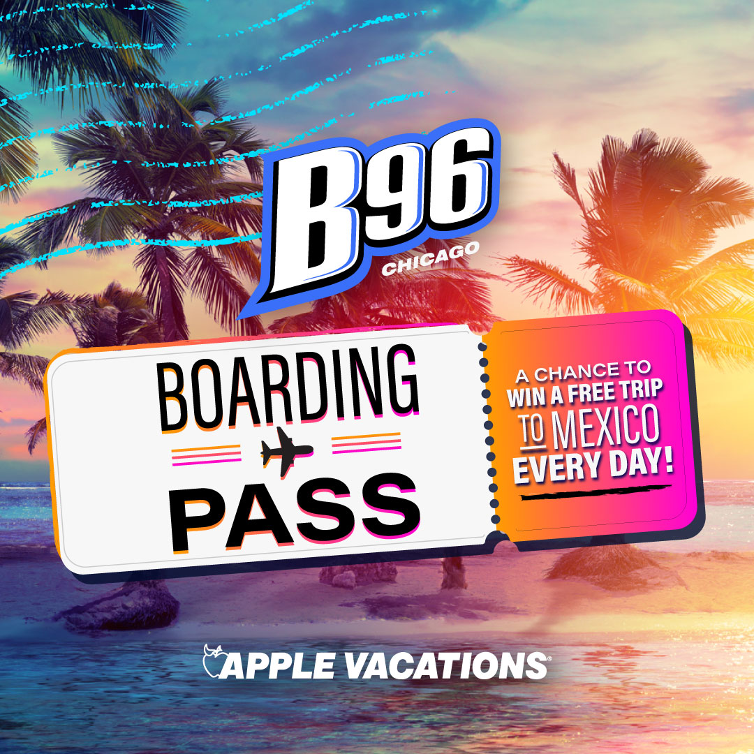 Cancun is calling ☎️ When you hear the codeword from 7am to 7pm, enter it on B96.com for your chance to a trip to Cancun, all thanks to Apple Vacations 🌞