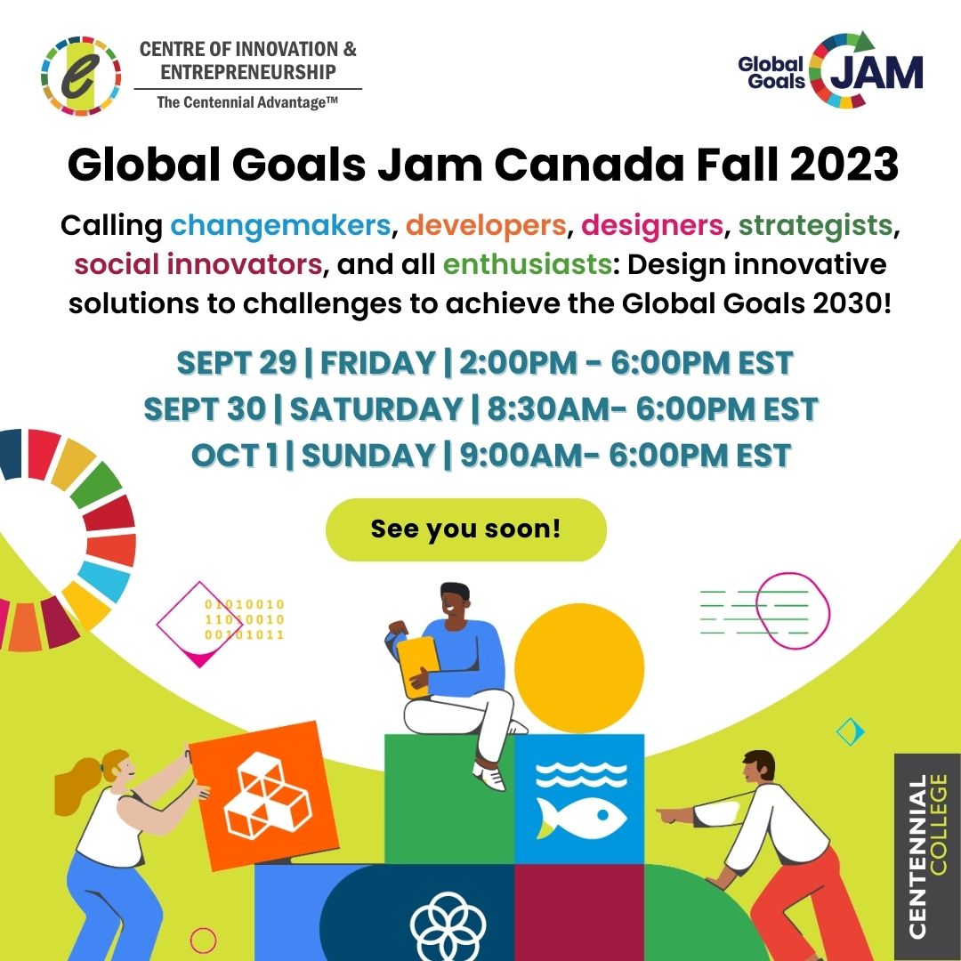 Centre of Innovation & Entrepreneurship (@coecentennial) on Twitter photo Can you believe it? The #GlobalGoalsJamCanada Fall 2023 is happening in TWO DAYS! π This Sept 29 - Oct 1 weekend, jammers will learn about #designthinking and #leanmethodology & develop solutions to global challenges! π #Design2030Now We are so excited π€© <a href="/CentennialEDU/">Centennial College</a> Can you believe it? The #GlobalGoalsJamCanada Fall 2023 is happening in TWO DAYS! π This Sept 29 - Oct 1 weekend, jammers will learn about #designthinking and #leanmethodology & develop solutions to global challenges! π #Design2030Now We are so excited π€© <a href="/CentennialEDU/">Centennial College</a>