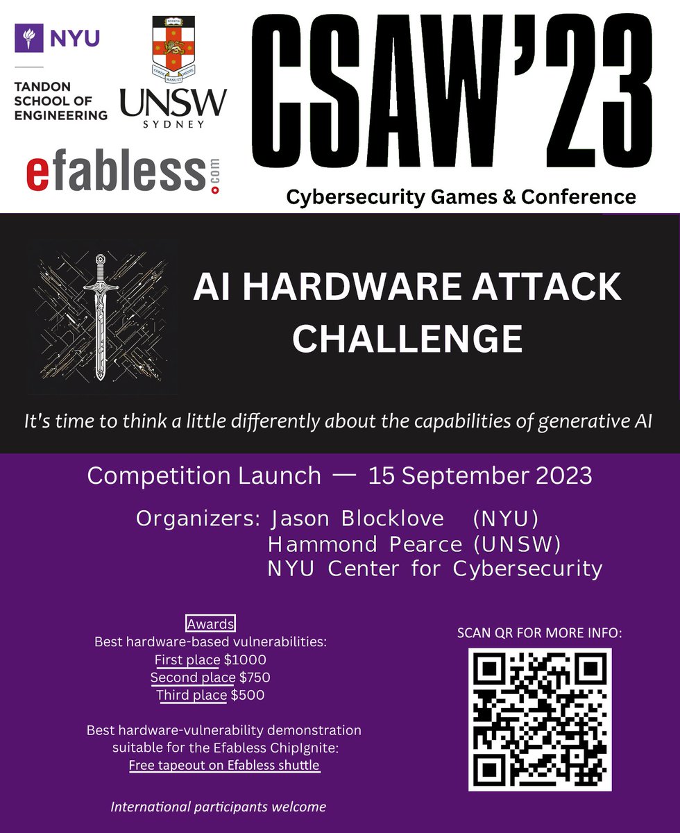 efabless's tweet image. We are thrilled to be sponsoring #CSAW, and we are offering a FREE tapeout award for the winner of the "AI Hardware Attack Challenge!"
csaw.io/ai-hardware-at…
#ChatGPT #opensourcecommunity #AIhardware