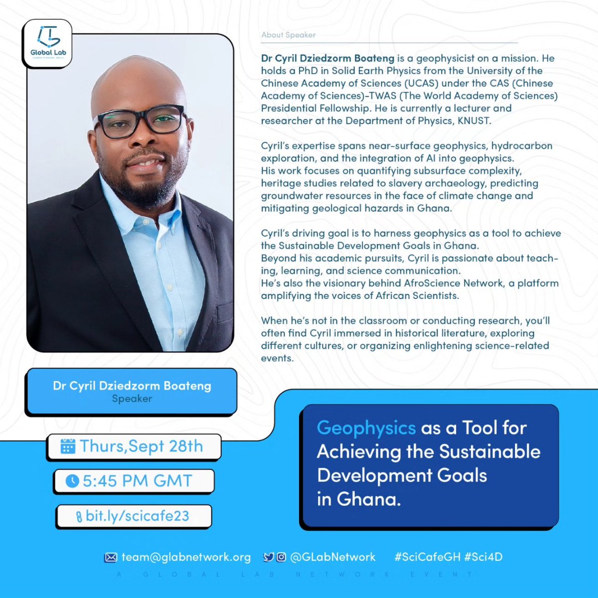 GLabNetwork's tweet photo. Learn more about our #ScienceCafe Speaker Dr @CYRILBOAT! He's a lecturer, researcher, and science communicator, among other things. Register at https://t.co/IqduJyjHpl to meet him.
#SciCafeGH #Sci4D https://t.co/pkGmizQ0JY
