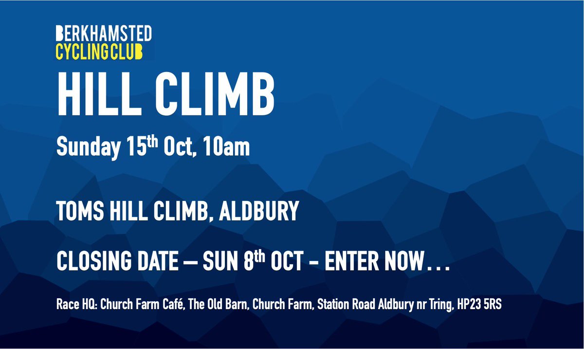 NEW EVENT ALERT 😁 we have another fun and much shorter event coming up - our Hill Climb up Tom’s Hill, Aldbury.  It is taking place on Sunday 15th Oct. The base will be the new Church Farm Cafe. You can enter here, go on, you know you want too: cyclingtimetrials.org.uk/race-details/2…