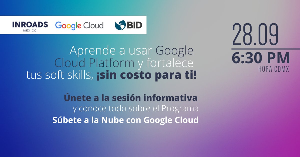 ¡Mañana es el día! No dejes pasar la oportunidad de conocer más sobre el Programa Súbete a la Nube con Google Cloud . ¡Agrega nuestra sesión informativa a tu calendario ahora mismo!

📅 Fecha: 28 de septiembre
🕒 Hora: 6:30 PM
📍 Lugar: bit.ly/48zhcnF