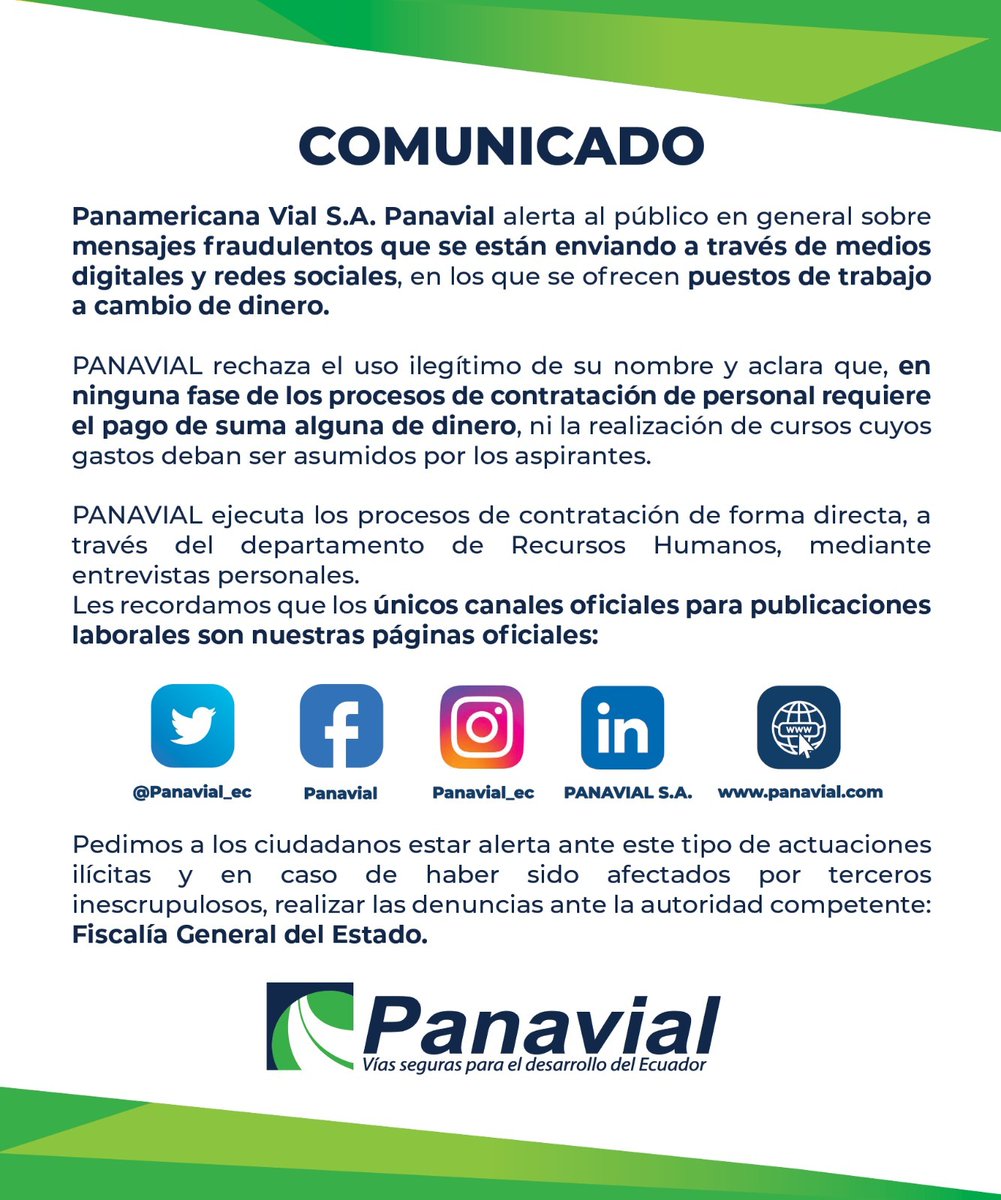 Panavial_ec's tweet image. 🔴¡ALERTA!🔴

#Panavial ha recibido denuncias acerca de cobros por procesos falsos de contratación de personal. Pedimos a la ciudadanía mantenerse informada por nuestros medios oficiales y realizar las denuncias pertinentes.

Aquí nuestro comunicado oficial.