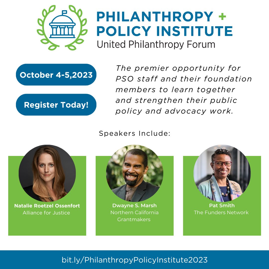 The Philanthropy + Policy Institute is one week away! The #PPI2023 theme is: “Advocacy in Action: PSOs Leading the Way,” and will include a focus on the rules and practices of advocacy for PSOs and the broader sector. Register today! bit.ly/PhilanthropyPo…