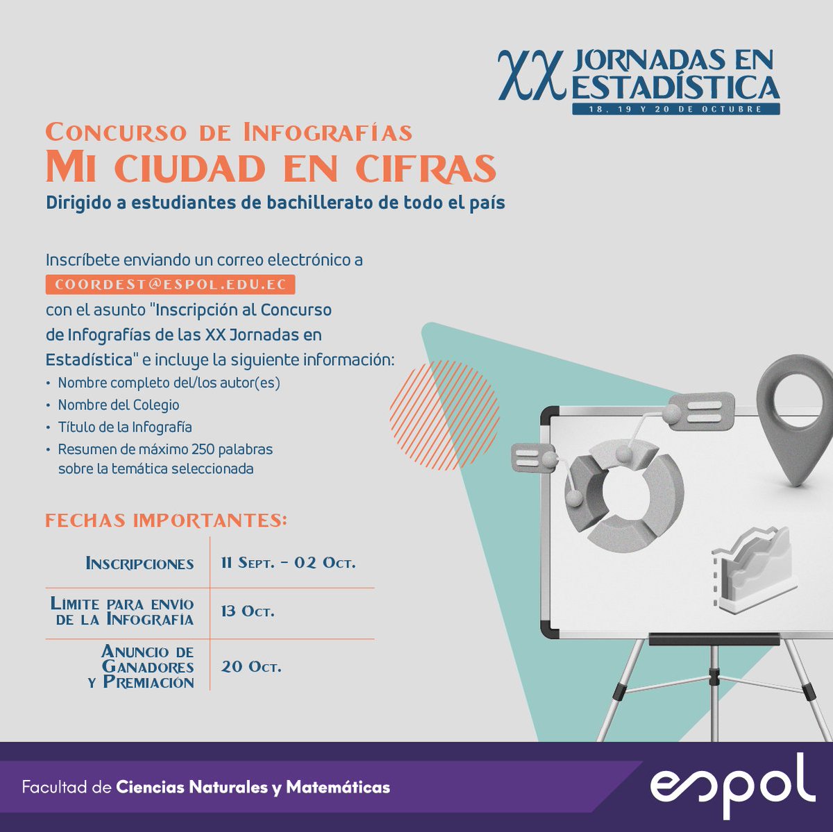 FCNM_Espol's tweet photo. Participa en nuestros concursos y forma parte de la XX Jornada en Estadística. 📊💻

Inscríbete hasta el 2 de octubre enviando un correo a: 
📧coordest@espol.edu.ec https://t.co/d8TeViPDFf