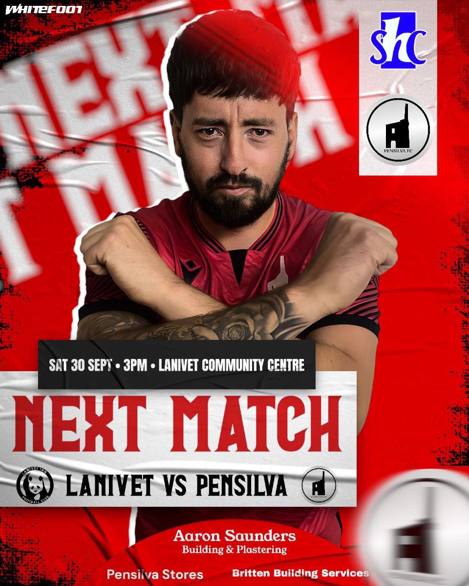 Saturday is a top of the table clash!

Be sure not to miss this one! 🔴⚫️

📁 St Pirans Division 2 East
🆚 @LanivetFC
🗓️ Saturday, 30th September, 15:00PM
🏟️ Lanivet Community Centre, PL30 5HG

#COYP