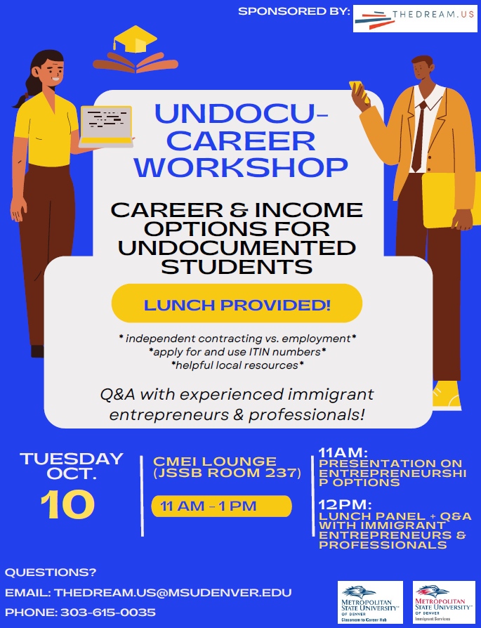 🌟 Undocumented Students, join us at CMEI Lounge (JSSB Room 237) on Oct. 10, 11 AM - 1 PM, for the UNDOCU-CAREER Workshop. Explore career options, independent contracting vs. employment, ITIN numbers, and local resources tailored for you. Lunch provided!