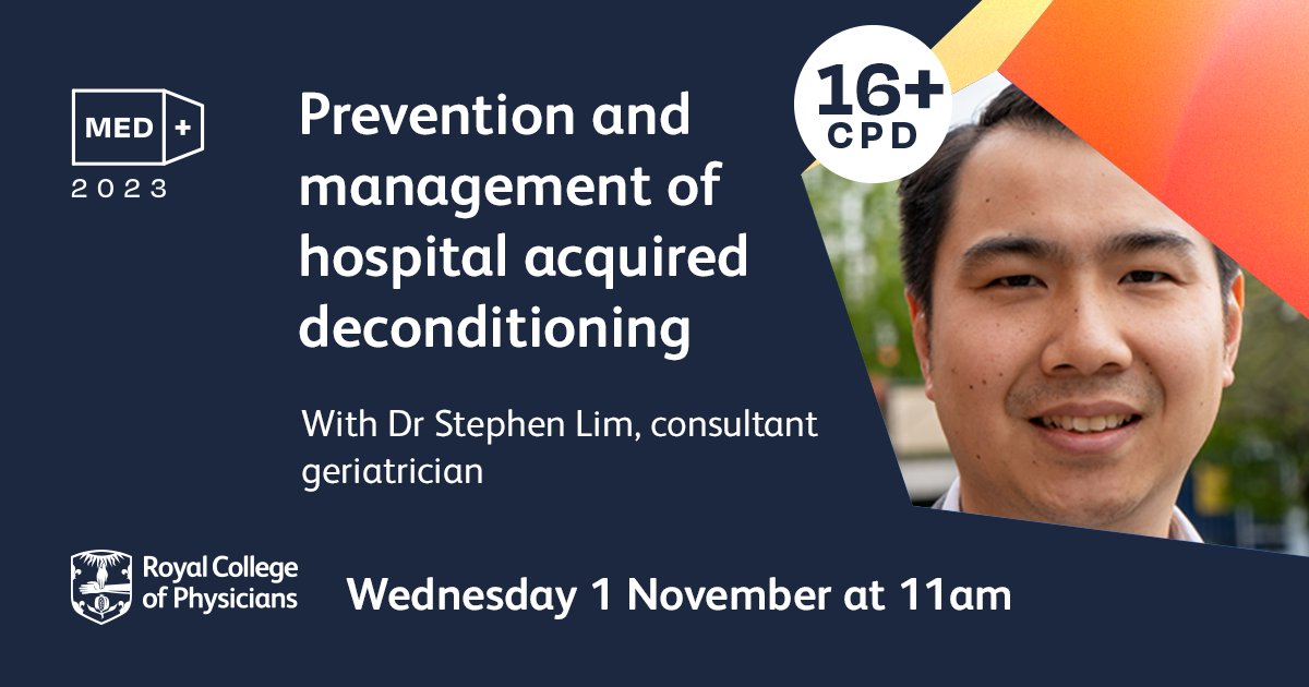 RCPhysicians's tweet photo. We are delighted to announce that consultant geriatrician, Dr Stephen Lim, will be speaking at the Med+ geriatrics session.  

@StephenERLim and the panel will explore the prevention and management of hospital acquired deconditioning, and more.

Book now: https://t.co/XPRAoWoK0m https://t.co/Gh9EkXXyNZ