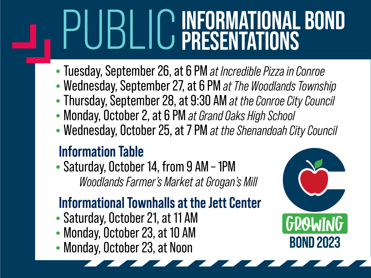 Do you have questions or want to learn more about the upcoming Bond 2023? Join us at one of our public informational bond presentations!