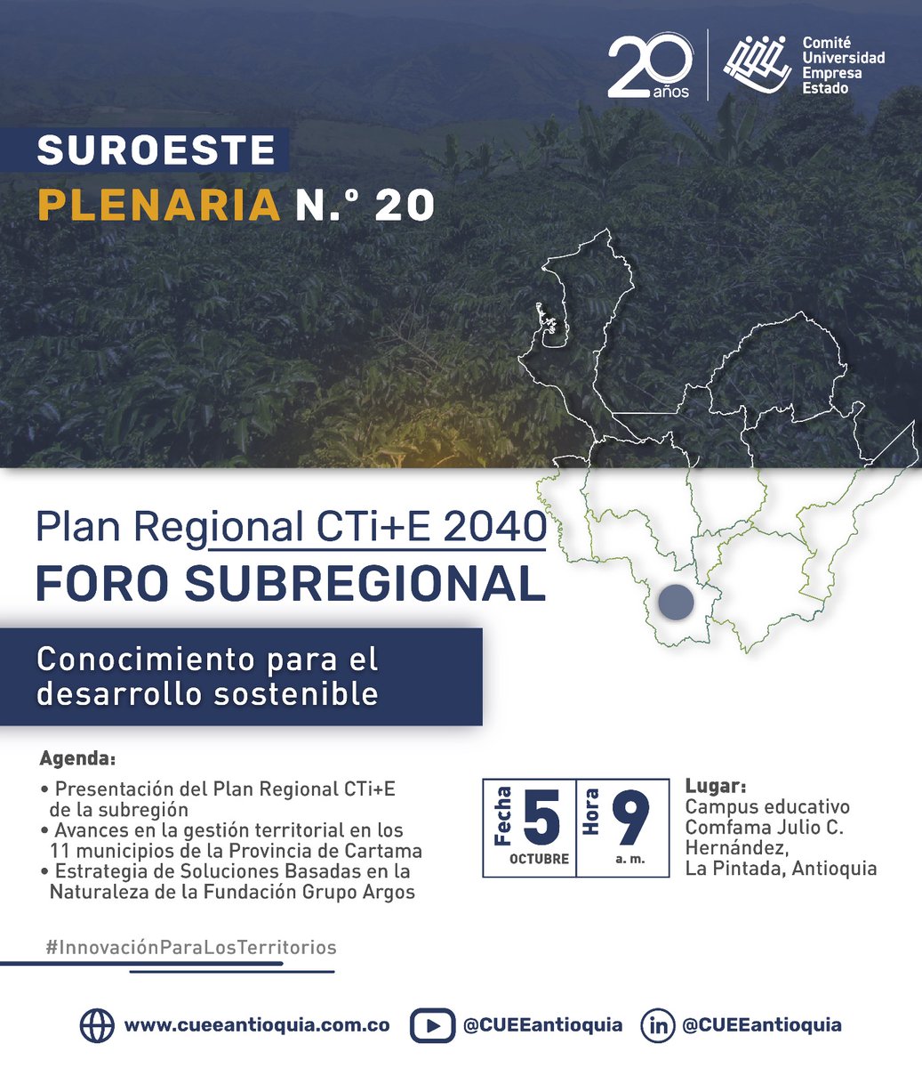 cueesuroeste's tweet photo. Únete al Foro Subregional dentro de los Planes Regionales CTi+E 2040. Juntos trazaremos el camino hacia la excelencia territorial. 🚀

📆 05 de octubre de 2023
🕘 9:00 a.m.
📍 Campus Comfama Julio C. Hernández, La Pintada, Antioquia

👉🏻 Regístrate aquí: https://t.co/QM4j3u8BCd https://t.co/T9rbysp7VR