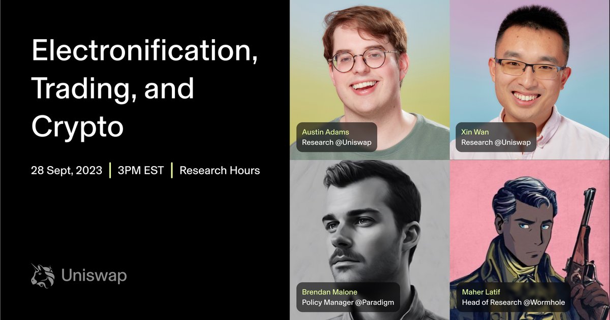 Uniswap's tweet photo. Mark your 🗓️ for Research Hours!

@aadams, @brendanpmalone, &amp; @maherlatif_ will discuss their recent research paper, looking through historical examples of how technology drives changes in financial markets 🔎

📍 Don’t miss the live stream — tomorrow @ 3 pm ET https://t.co/yB6Ea67Nkk