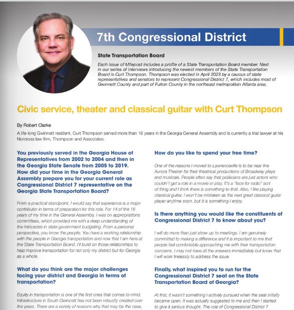 GADeptofTrans's tweet photo. Meet Curt Thompson, elected to represent CD 7. A Gwinnett native with over 16 years of experience in the Georgia General Assembly and a passion for civic service, theater, and classical guitar. Exciting times ahead!
Read all about it in the #Milepost ๐https://t.co/xITEGMswgu https://t.co/0wSL5JA9sa