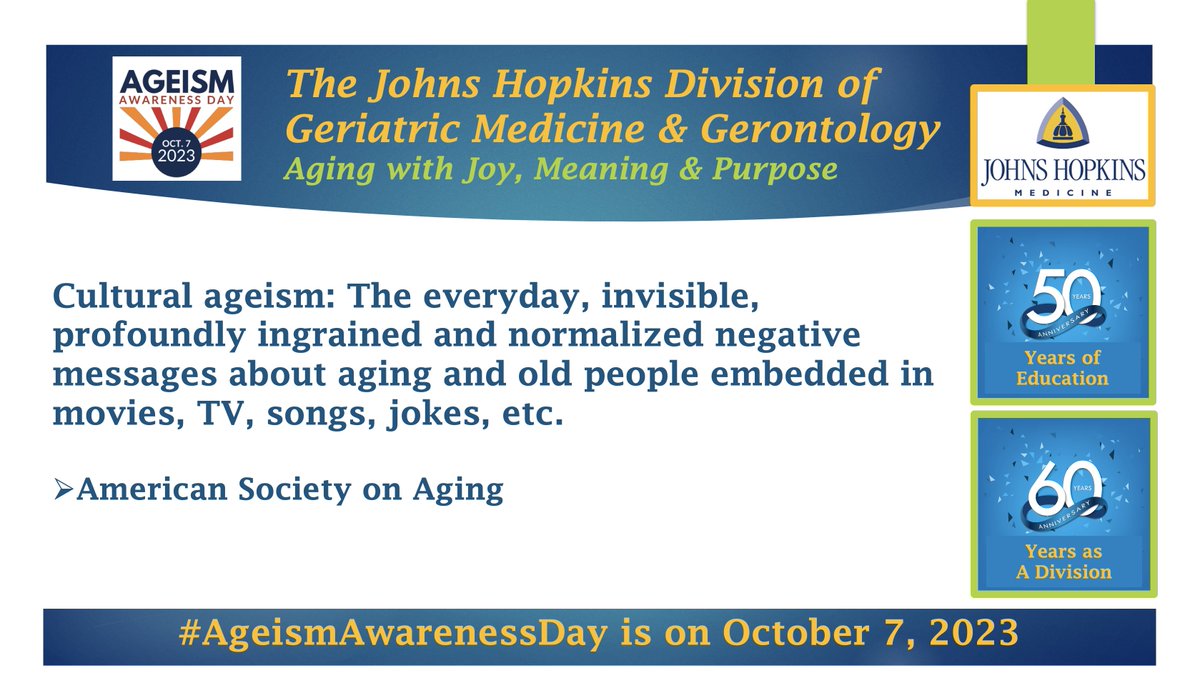 JHGeriatrics's tweet image. #Cultural #Ageism is all around us. 

What can an individual do about it? 

What will you do? 

See @ReframingAging&apos;s posts we&apos;ve shared on our feed for ideas.

Please comment below with your thoughts on how one person can help #ReframeAging.  

Lets #TalkAboutAgeism @ASAging