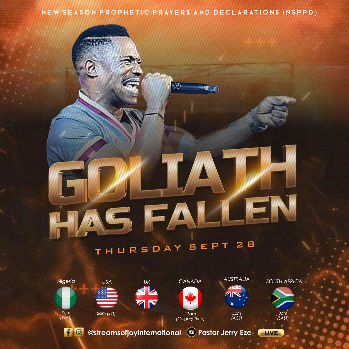 RealJerryEze's tweet photo. WE ARE BACK NSPPDIANS TO GOLIATH HAS FALLEN 🔥🔥

2DAYS OF GOLIATH HAS FALLEN!

Then NSPPDIANS said to the GOLIATH, “You come to me with a sword and with a spear and with a javelin, but I come to you in the name of the Lord of hosts, the God of the FIRE-ALTAR, whom you have defied. (1Samuel.17:45 Paraphrased)

Tomorrow on NSPPD FIRE ALTAR at 7am Nigerian time we gather to smash the head of negativity once and for all. Fire will jam fire!
 
Expect:
□Stubborn Challenges to be addressed 
□Enforcement of new laws against □Ordinances of hell
□Operation possess your possession 
□Operation reverse that evil order
□Operation fulfil the fullness of your destiny 
□Operation let all doors open 
□Operation family bondages must be broken
□Operation let the nations answer to you
□Operation familiar Spirits no longer stay in my life 

😡Come with holy brutality and anger.
🍽️Come fasting from 6AM to 1PM 
☎️Call all your prayer partners and family members to join you LIVE 
📺Watch LIVE please, atmospheres aren't easily recreated. 

WHAT GOD CANNOT DO DOES NOT EXIST.

Declare With Me: GOLIATH HAS FALLEN BY FIRE!! HALLELUJAH!

#NSPPD 
#7amfireprayers