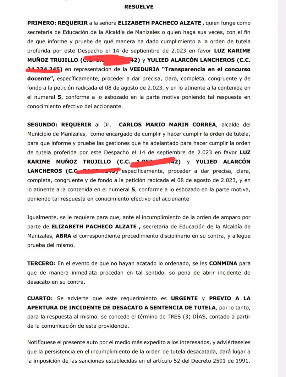 ProfeVictorHAC's tweet photo. Ante la no respuesta de @SecEducacionMz, hay requerimiento previo a la apertura del incidente de desacato, deben probar que respondieron de fondo, se vincula al alcalde @carlosmmarinc y lo requieren para que le inicie proceso disciplinario a la Secretaria de Educación @elipacheca https://t.co/twZdtCVxsI