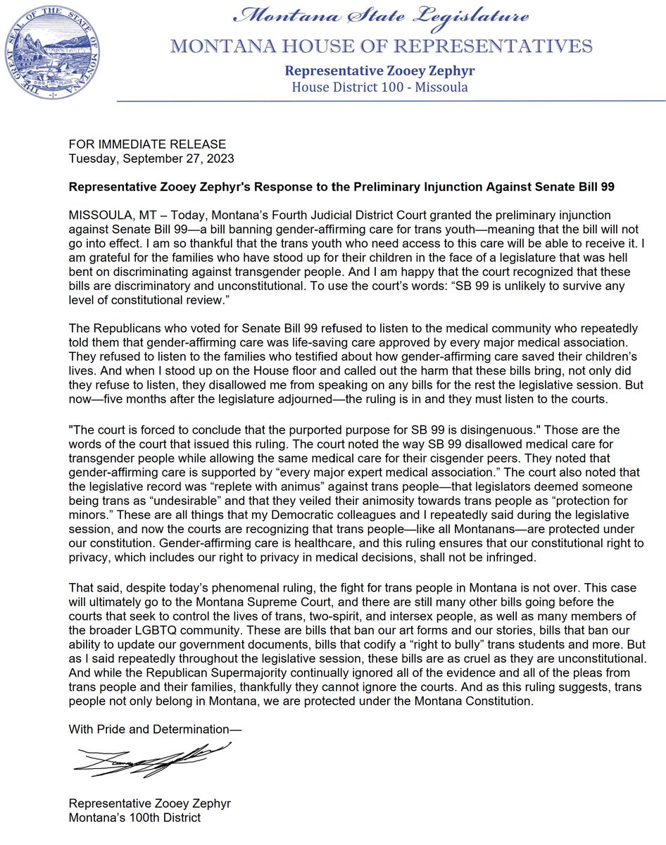 ZoAndBehold's tweet image. Senate Bill 99—Montana's ban on gender-affirming care—is enjoined and will NOT go into effect!  

Republicans refused to listen to trans people &amp;amp; the medical community. But now, 5 months after the legislature adjourned, they must listen to the courts.

My full statement is below: