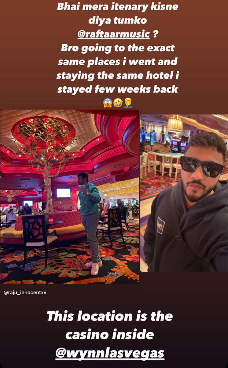 raju_innocentev's tweet photo. Raftaar @raftaarmusic 😅
Ps: Obviously raftaar wont follow what i do 😂 This is a joke
He is there in vegas for Stake meetings.
Stake ke chakkar main las vegas strip k sara casinos ghoom raha hain bechara 😅🤦♂️
#raftaar #innocentevil https://t.co/skZBV8Y15B