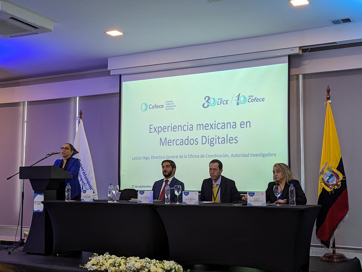 En la primera sesión del #DíaDeLaCompetenciaEc, organizado por <a href="/Competencia_Ec/">Competencia Ecuador</a>, Leticia Vega, directora general de la Oficina de Coordinación de la #Cofece, habló sobre el uso de herramientas de big data para identificar problemas de competencia en el entorno financiero digital.