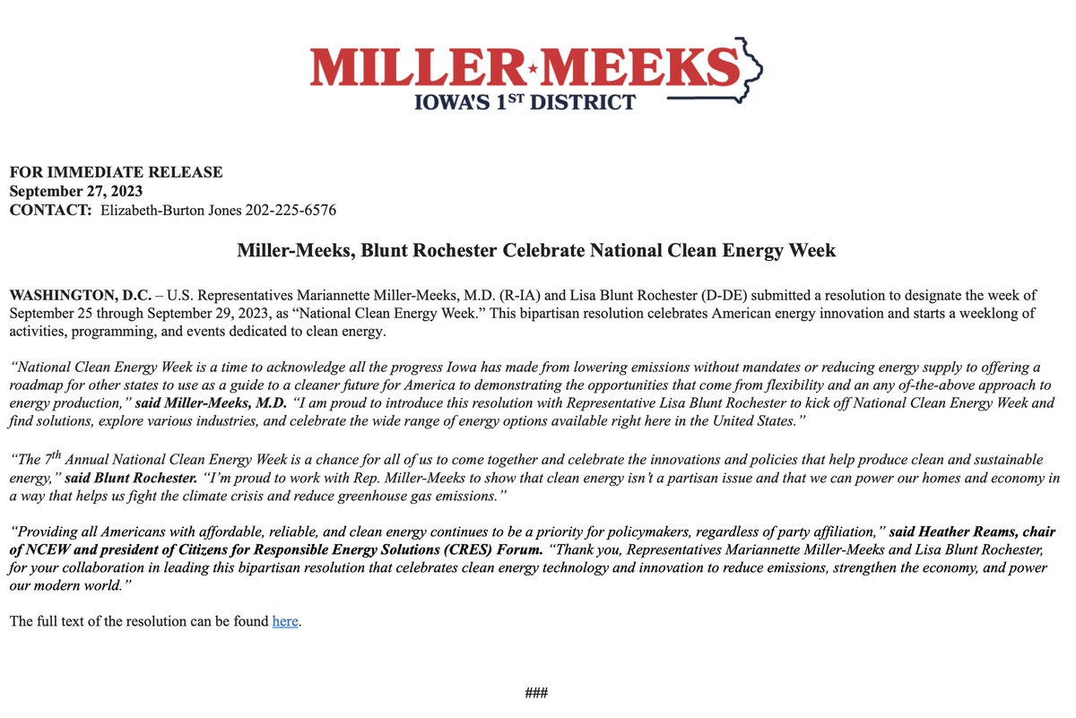 RepMMM's tweet image. I am proud to introduce the bipartisan “National Clean Energy Week” resolution with @RepLBR to celebrate American energy innovation and start a weeklong of activities, programming, and events dedicated to clean energy! Read the full release here: millermeeks.house.gov/media/press-re…