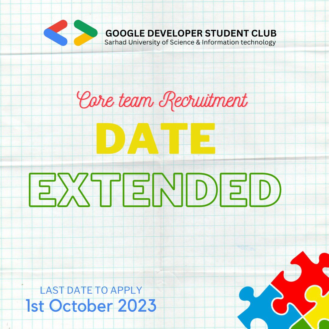 ⏰ Good News! We've extended the application deadline for GDSC Core Team till Oct 1st. Apply now and be part of an exciting journey! #GDSCSuit #JoinUs