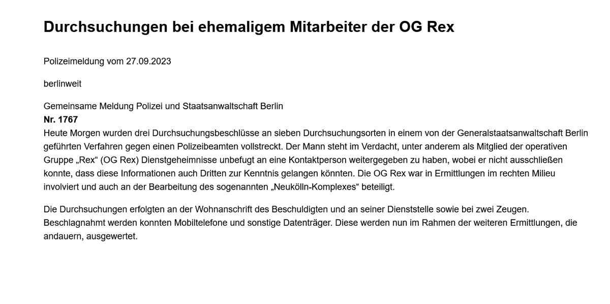 Paukenschlag in Berlin:
ein Polizist der 'Operativen Gruppe Rechtsextremismus' soll Polizeiwissen durchgestochen haben.
Im #Neuköllnkomplex, einer jahrelangen rechten Anschlagsserie, wurde schon lange eine Mitwisserschaft einzelner Beamter vermutet.
#OGRex