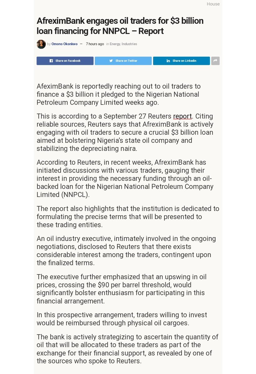 mni_JJ's tweet photo. The loan they used as part of their propaganda is yet to be secured by NNPCL from AfreximBank, the Bank is also looking for oil traders to finalise the loan. Lol 
So y'all wanted us to be part of this scam economics that will only plunge our country into a bigger mess. https://t.co/S4qjTYVyjC