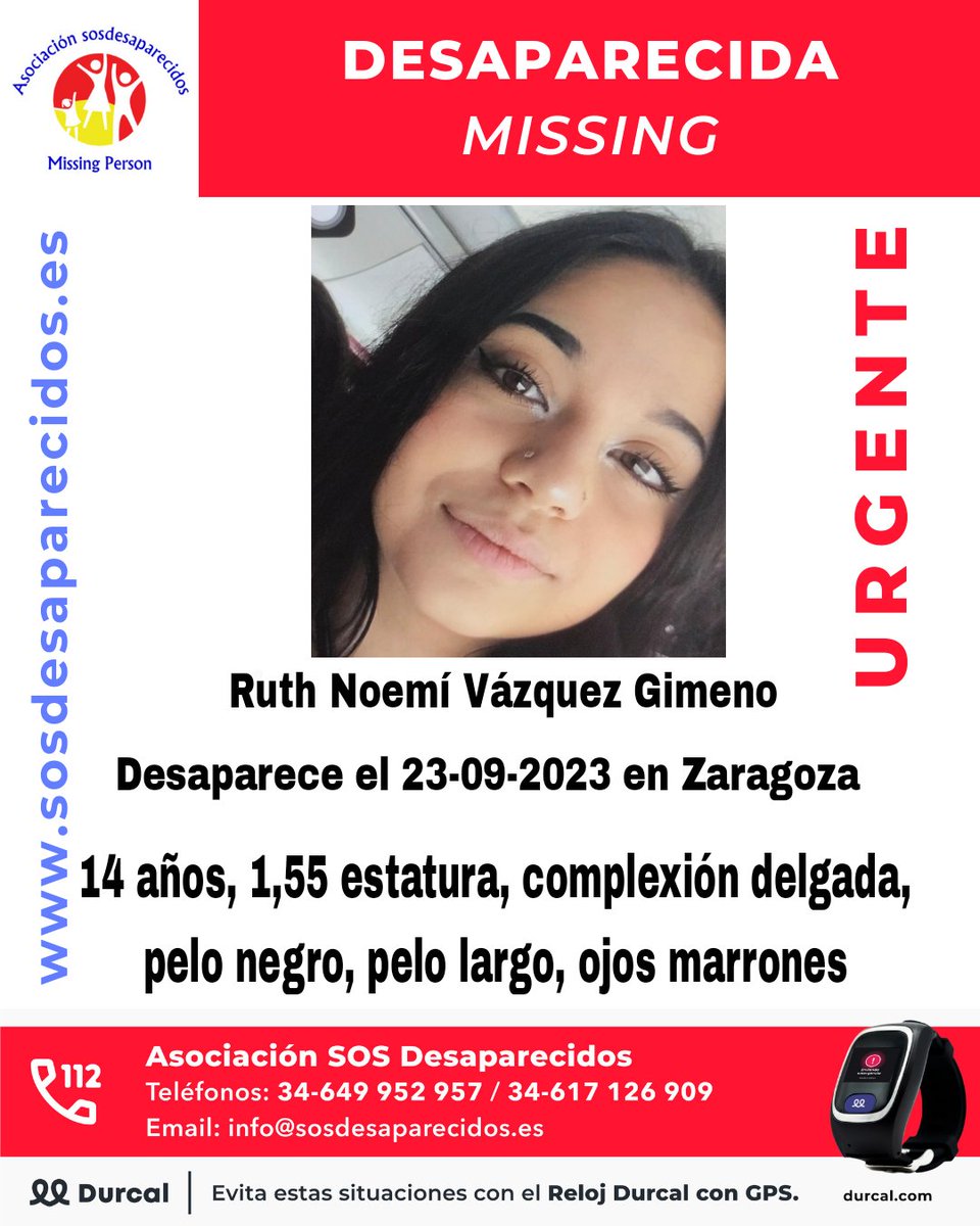 AragonNoticias_'s tweet photo. 🚨 #DESAPARECIDA Desde el pasado sábado 23, permanece en paradero desconocido la menor, de 14 años de edad, Ruth Noemí Vázquez Gimeno. 

Desapareció en Zaragoza y desde el Centro Nacional de Desaparecidos del @interiorgob piden la colaboración ciudadana. @sosdesaparecido https://t.co/zNanYKv8cl