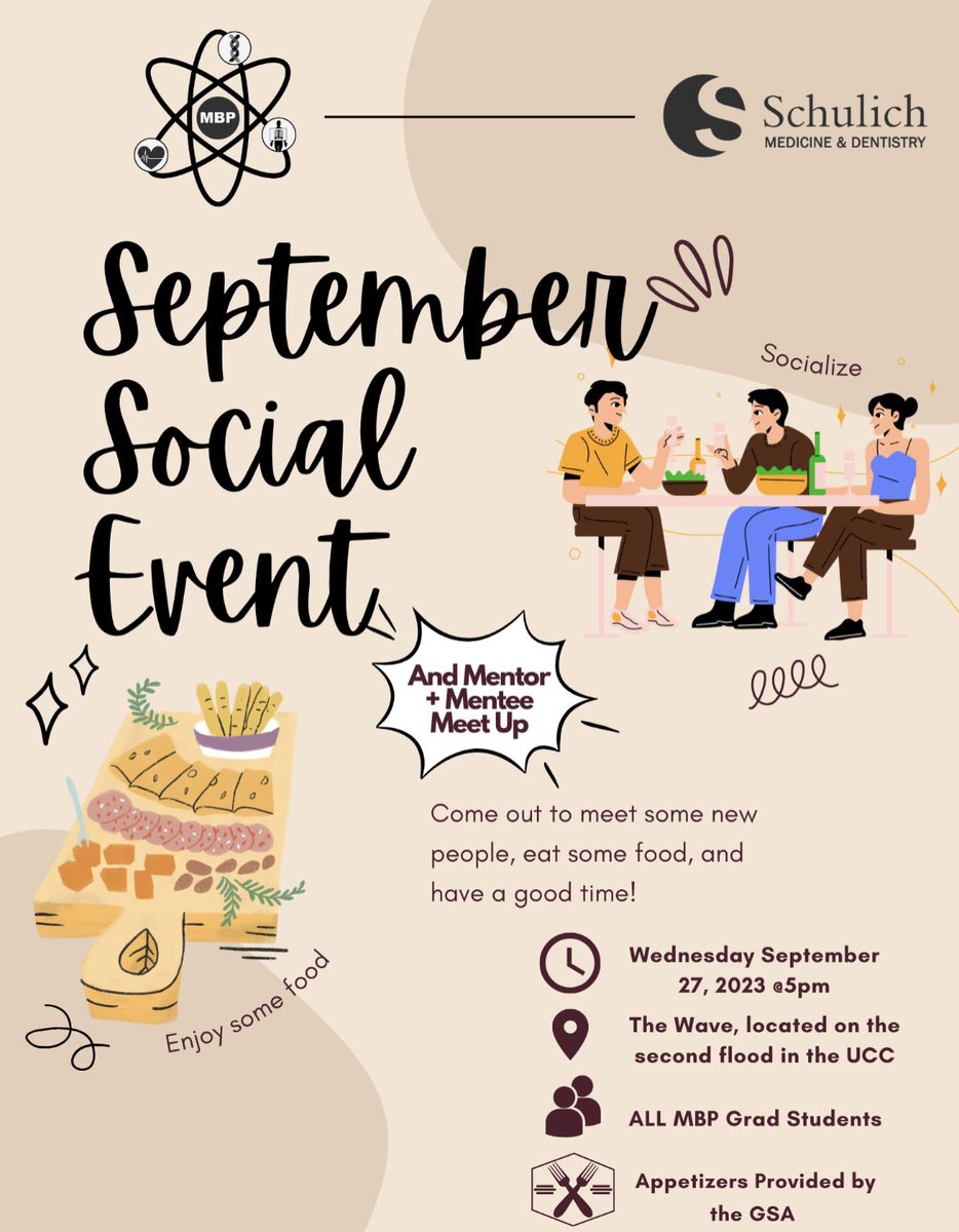 MBP_GSA's tweet image. Please join us for our first event of the new school year!
When: TONIGHT (Wed Sep 27)
Where: The Wave, 2nd floor UCC
Who: MBP and CAMPEP graduate students
We hope to see you there!