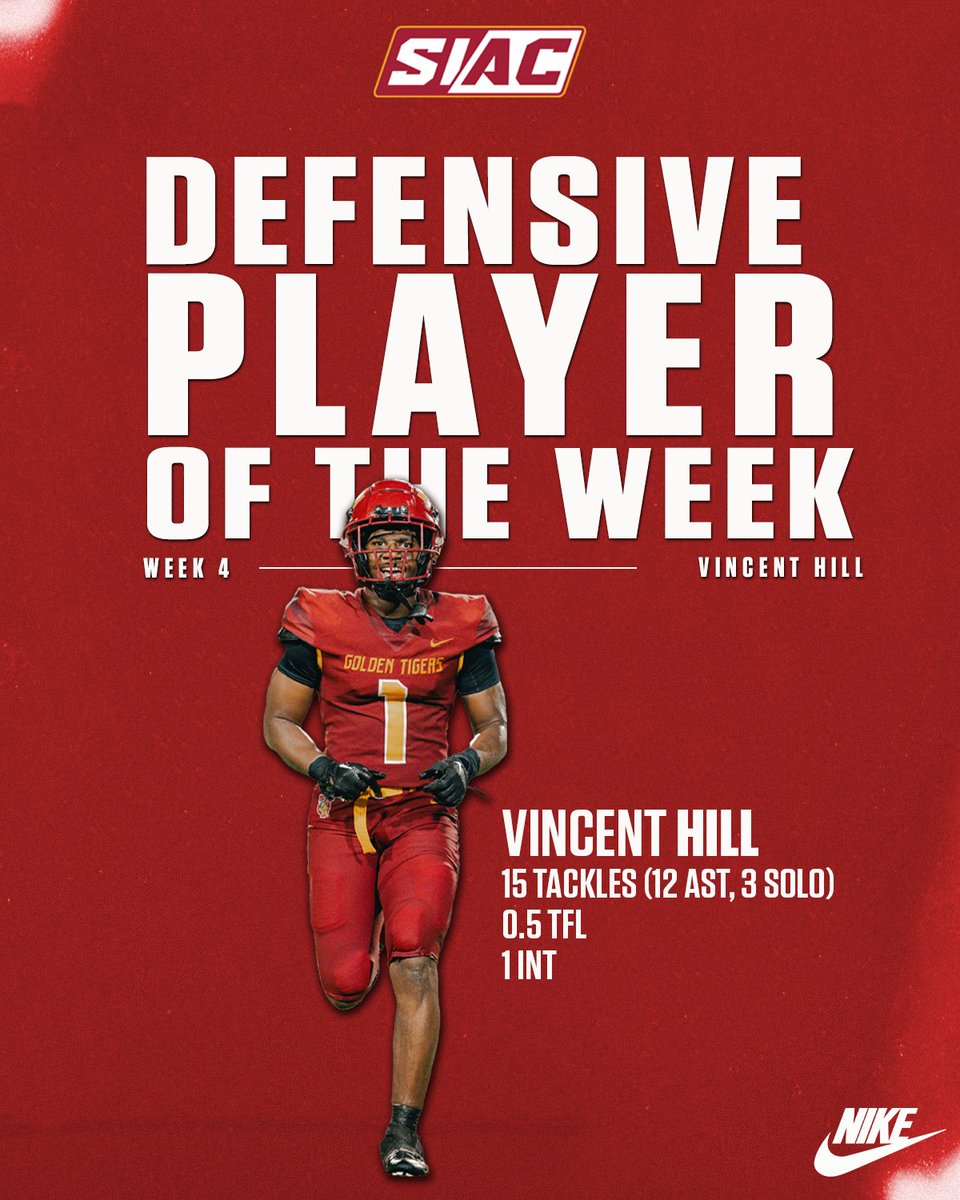 Hill Named SIAC Defensive Player of the Week goldentigersports.com/news/2023/9/27…