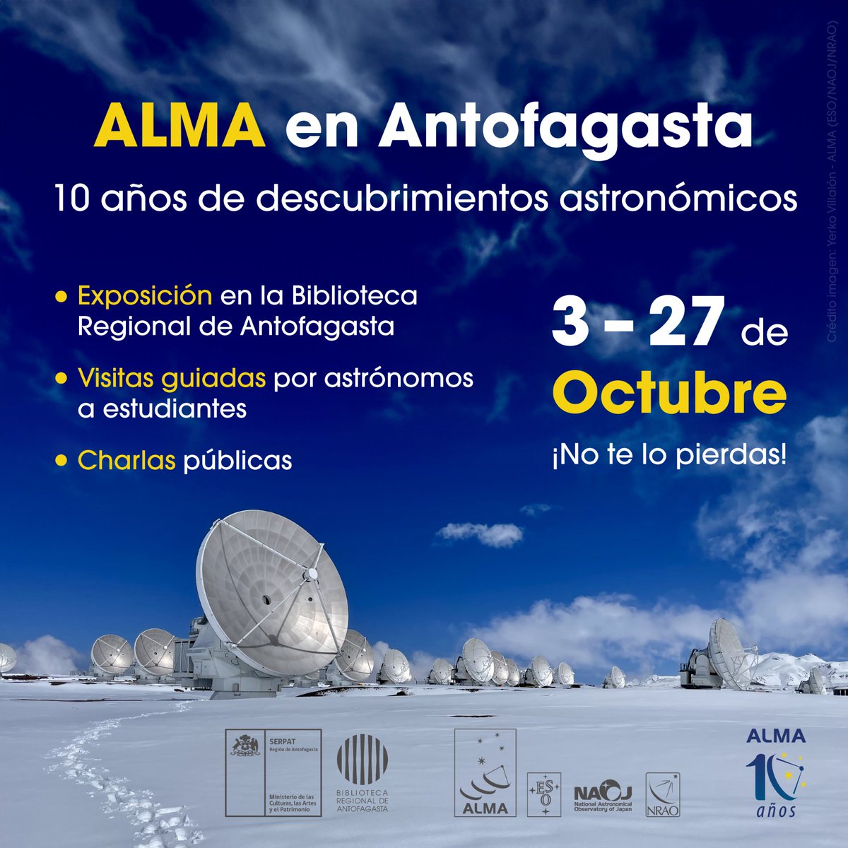 📡ALMA celebra este año su 1era década de existencia en la región y quiere celebrarlo con la comunidad antofagastina. En colaboración con <a href="/BibliotecAntofa/">Biblioteca Regional Antofagasta</a> , inaugurará una exhibición que conmemorará 10 años de asombrosos descubrimientos astronómicos almaobservatory.org/es/anuncios/al…
