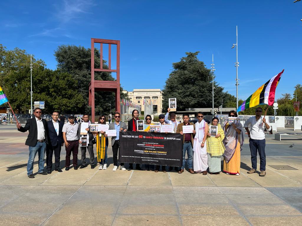 BonnyGurumayum's tweet photo. Today, We Meiteis had a Protest by Meitei Diaspora at
@UNGeneva 27 Sep 2023, Palais Des Nation, Geneva.
-The fight against #NarcoTerrorism continues.
We will put an end 2 the #NarcoTerrorism that is behind the #Violence in Manipur.
#ManipurAgainstNarcoTerrorism #GenevaWithManipur https://t.co/xBroKI9nW0