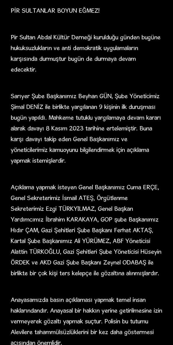 psakd1988's tweet photo. PİR SULTANLAR BOYUN EĞMEZ!

Pir Sultan Abdal Kültür Derneği kurulduğu günden bugüne hukuksuzlukların ve anti demokratik uygulamaların karşısında durmuştur bugün de durmaya devam edecektir.

https://t.co/yBFwleg26V https://t.co/PGEJPC0K5x