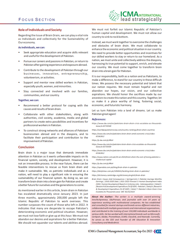 mediabricksmc's tweet photo. 📢 Exciting news! Our CEO - Dr Jibran Ali Khan's article on mitigating brain drain is now in ICMA’s Pakistan Sep-Oct 2023 issue! 🎉 Dive in, share your thoughts, and let’s make a difference together! Quick Jump to the article on Page 39💡🌍 #BrainDrain #ICMA #MakeADifference https://t.co/BQirPkYIQ1