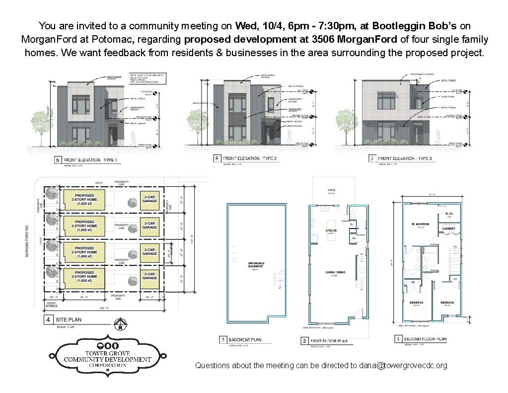 Join us for an open house for the development proposal at 3506 Morgan Ford ONE WEEK FROM TODAY. We will meet on Wednesday 10/4 from 6:00 - 7:30pm at Bootleggin' Bob's (3457 Morganford Rd)
First drink is on TGCDC!