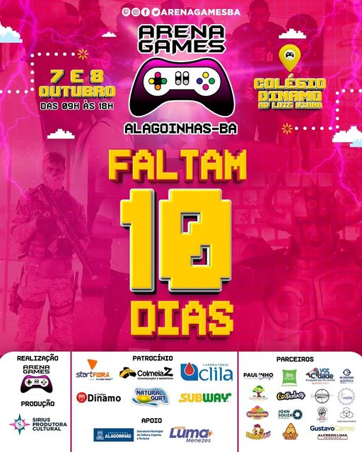ArenaGamesBA's tweet photo. 🥳 Falta pouco!

📆 07 e 08 de Outubro, no Colégio Dínamo!

🎟 Ingressos antecipados no link na bio ou compra na bilheteria nos dias do evento!

#ArenaGamesBA #EventoGeek #Alagoinhas https://t.co/3P20ksBJK8