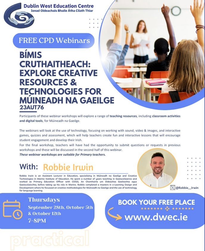 👨‍💻 Bígí liom tráthnóna amárach don seimineár gréasáin seo. Seo an chéad sheimineár as trí cheann le @DublinWestEC agus tá siad uilig saor in aisce! 👩‍🎓 Join me tomorrow evening for this webinar. This is the 1st of 3 FREE webinars! Cláraigh ag dwec.ie